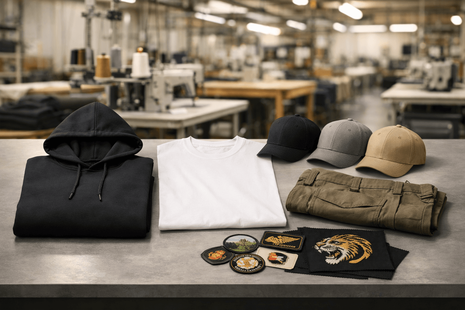 Bulk apparel product range including hoodies, t-shirts, workwear, caps, and embroidery samples